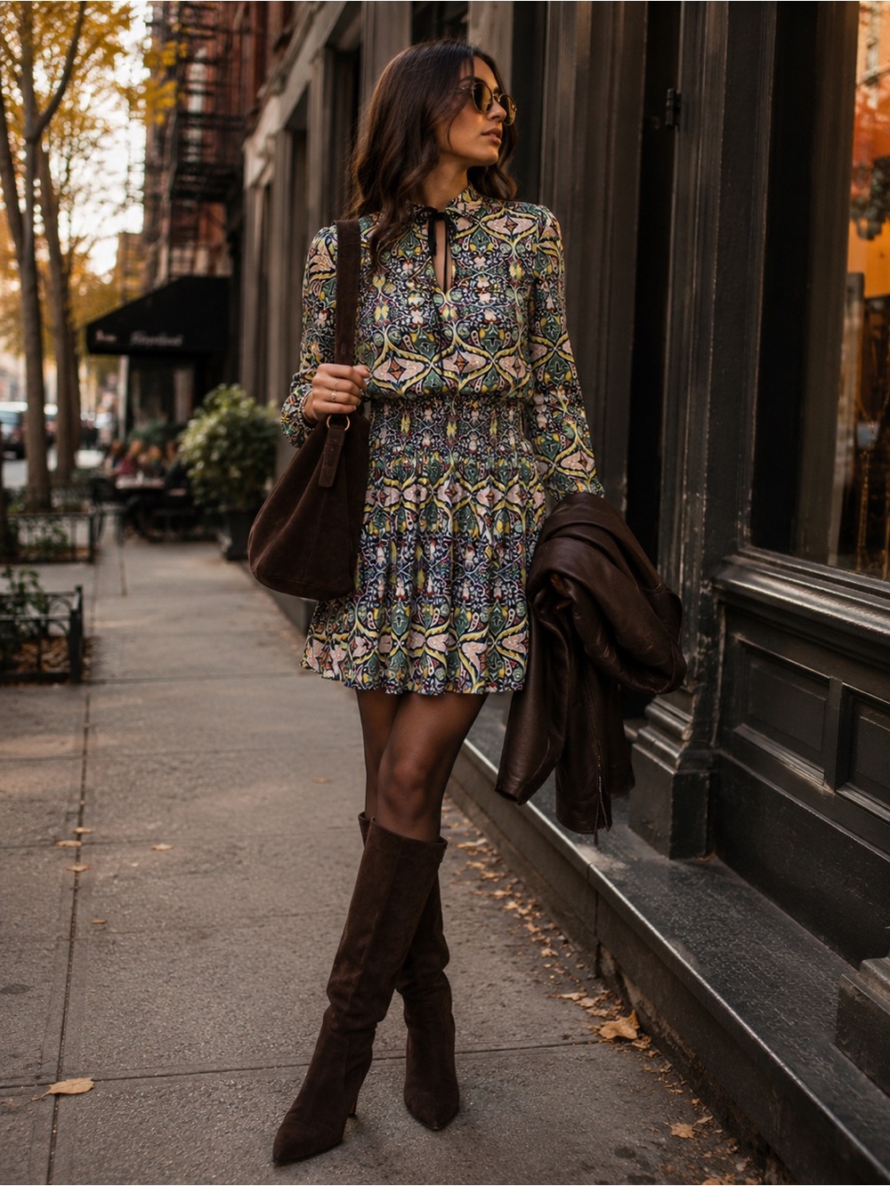Paisley Mini Dress XS Boho Retro Print Long Sleeve Fall Dress